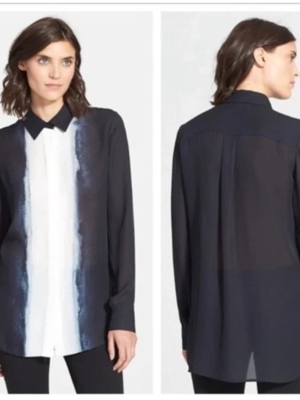 VINCE Vertical Dip Dye Silk Blouse COASTAL BLUE LONG SLEEVE SHIRT BUTTON UP 4